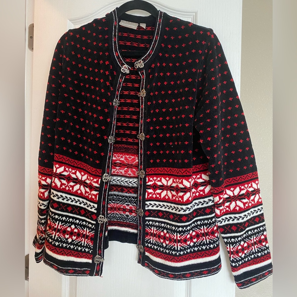 Nordic Fair-Isle Norwegian-Style Metal-Clasp Open-Front Holiday Winter Sweater